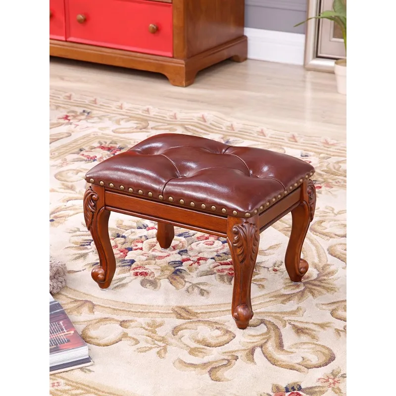 Solid Wood Square American Shoe Changing l Living Room European Household Low Fashion LeatherCreative Cute Leather Foot Bench