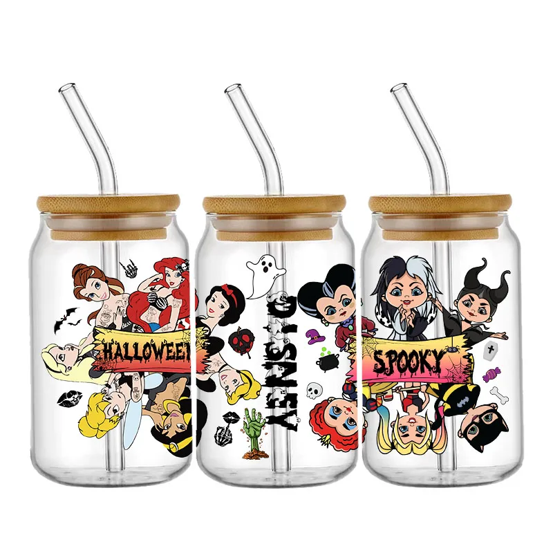 Halloween Disney Horron UV DTF Wrap For 16oz Libbey Glass Can DIY Libbey Glass Can UV DTF Transfer Senior 3D Sticker Bad Witches