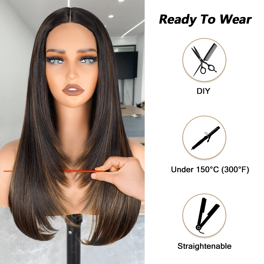 Destaque Layered Cut Lace Front Wig, Straight Wear and Go, Perucas Glueless, Pré Arrancadas, Linha Fina Natural, Perucas de renda sintética