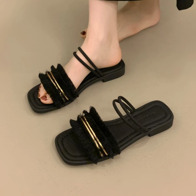

Women Flats Square Toe Slippers Fashion New Party Sandals Designer 2025 Summer Shoes Trend Slingback Flip Flops Casual Slides