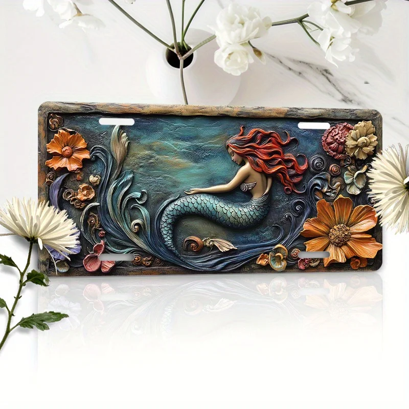 1pc 6x12 Inch Mermaid Ocean Car License Plate - Red-Haired Mermaid & Vibrant Sea Life Design, Aluminum Front Bumper Art for Cars