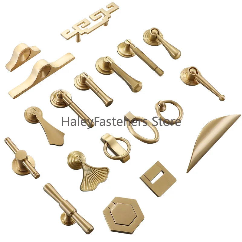 Brass drawer pull ring pendant handle pure copper gold new Chinese all copper ring wardrobe back pattern single hole door handle