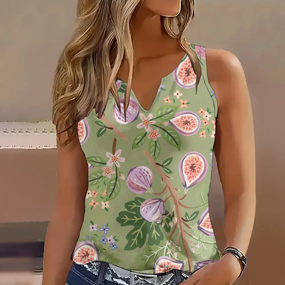 Summer Lightweight And Comfortable Floral Print Women\'s Simple Plus Size Vest Fashionable Street V-neck Elegant Sleeveless Top