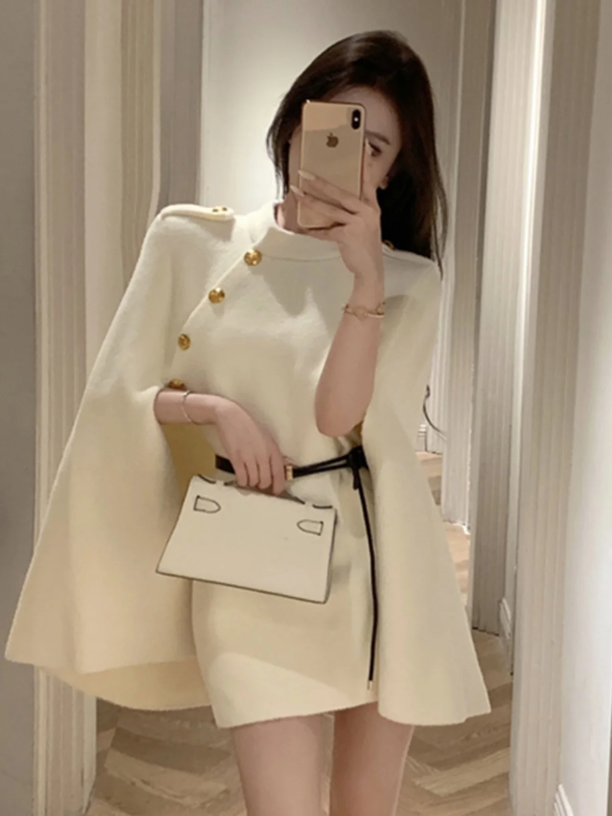 2023 New Women's Tweed Coat Long Medium Length Cloak Sle Woolen Coat Commute Korean Sle round Ne Single Button Pure Color