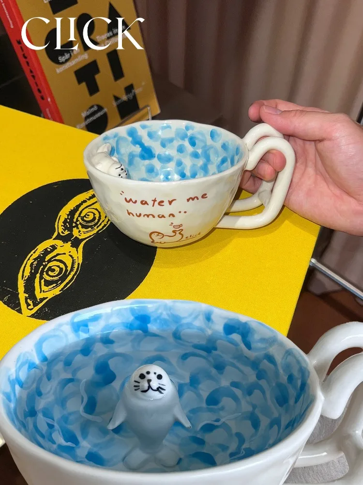 Seal Ceramic Mug in The Pool, Breakfast Milk Coffee Water Cup, Fun Creative Gift Mugs Coffee Cups