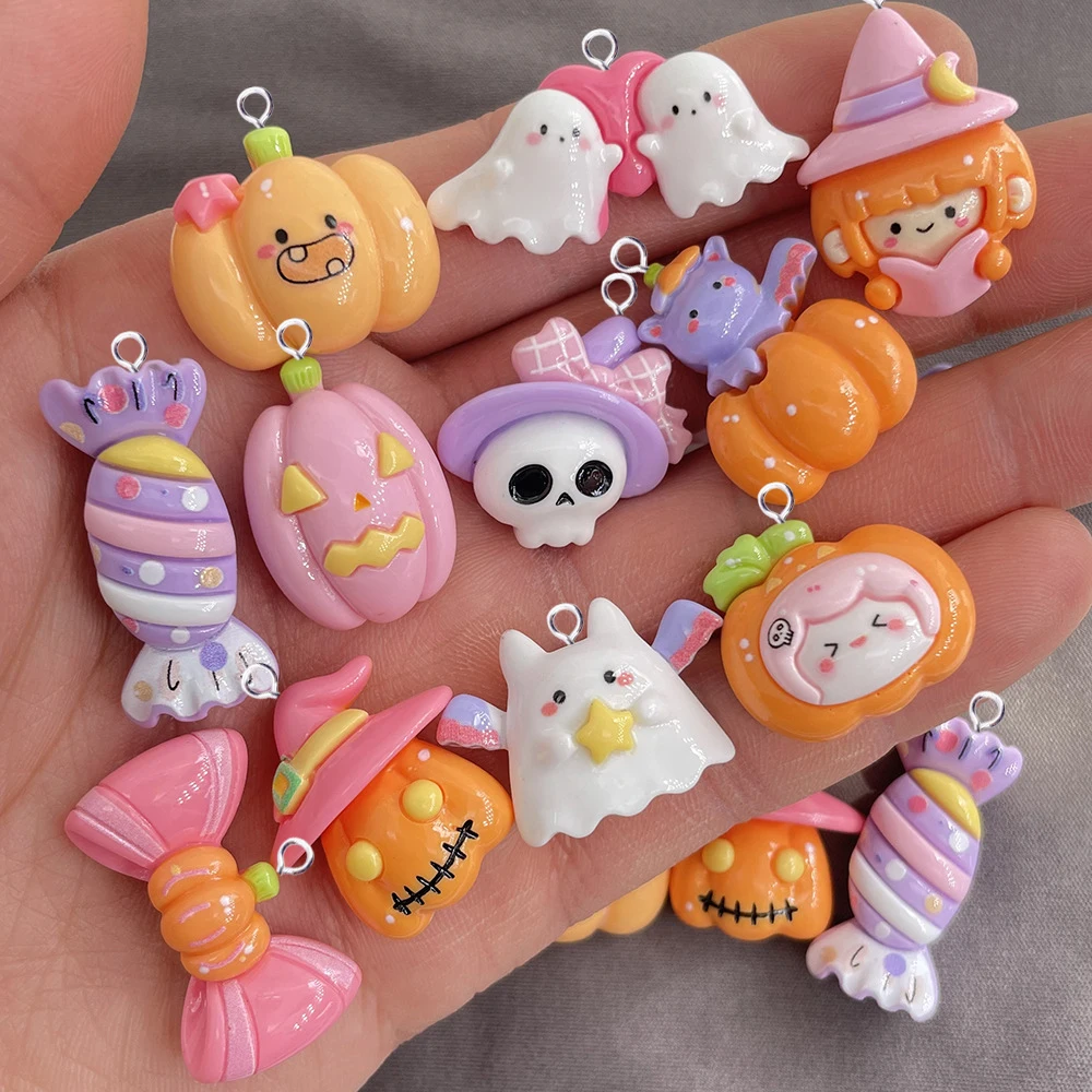 10 sztuk europejskie Halloween Charms do tworzenia biżuterii Kawaii dynia szkielet duch cukierki wisiorki z żywicy Flatback DIY brelok