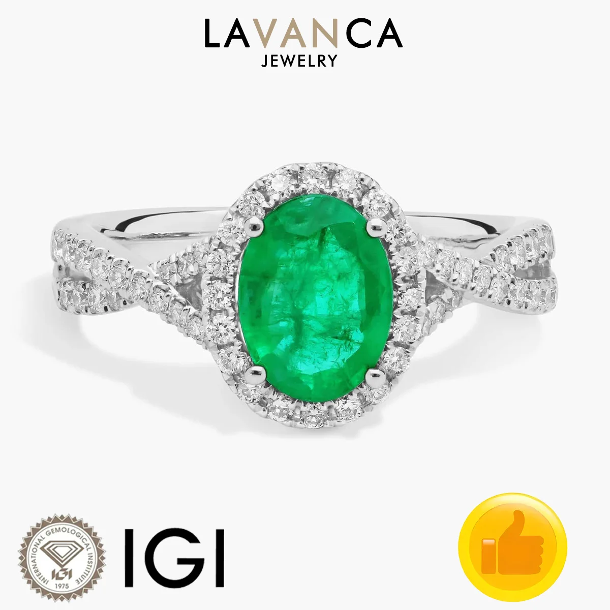 

9K/14K/18K White Gold Lab Emerald Diamond Ring Oval Cut Lab Emerald Accented by Round Lab Diamond Twisted Shank Halo Ring