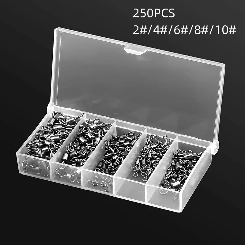 250pcs/Set Fishing Connector 2 4 6 8 10 Fishing Barrel Bearing Rolling Swivel Solid Ring Lures Fishing Accessories