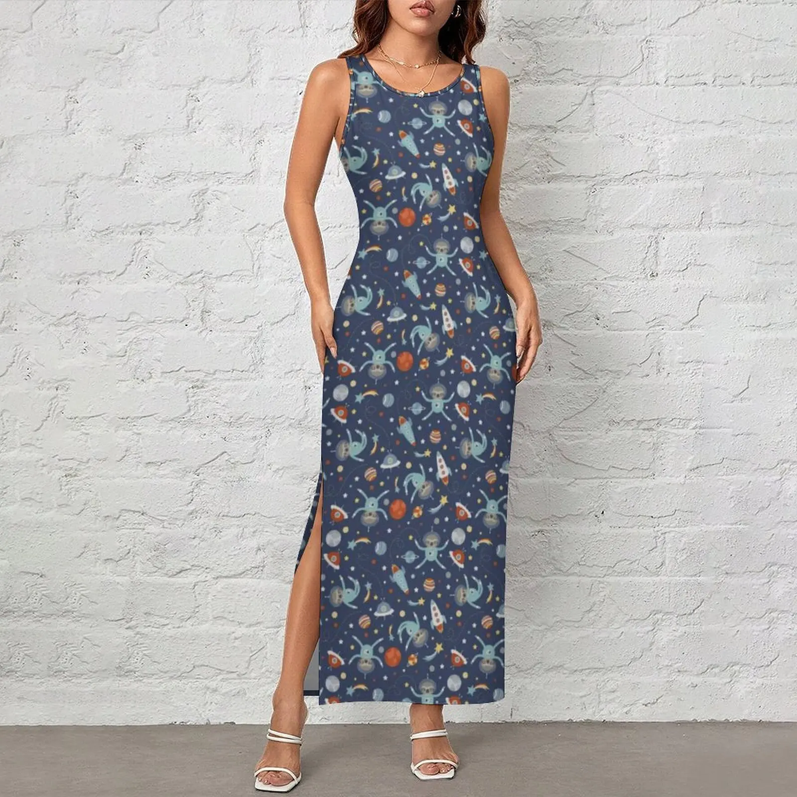 Ladies Bodycon Dress Vintage Space Sloths Maxi Dresses Summer Funny Astronauts Sleeveless Street Wear Printed Dress Large Size