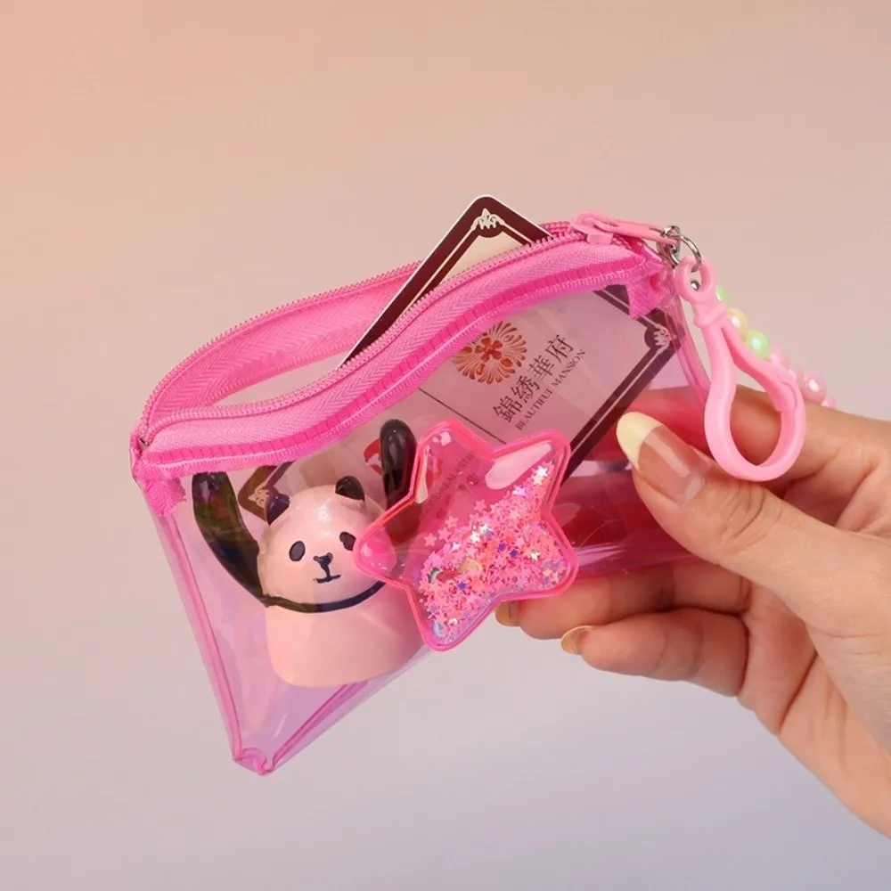 Cute Quicksand Coin Purse Colorful PVC Student Card Holder with Beaded Lanyard Transparent Travel Storage Bag