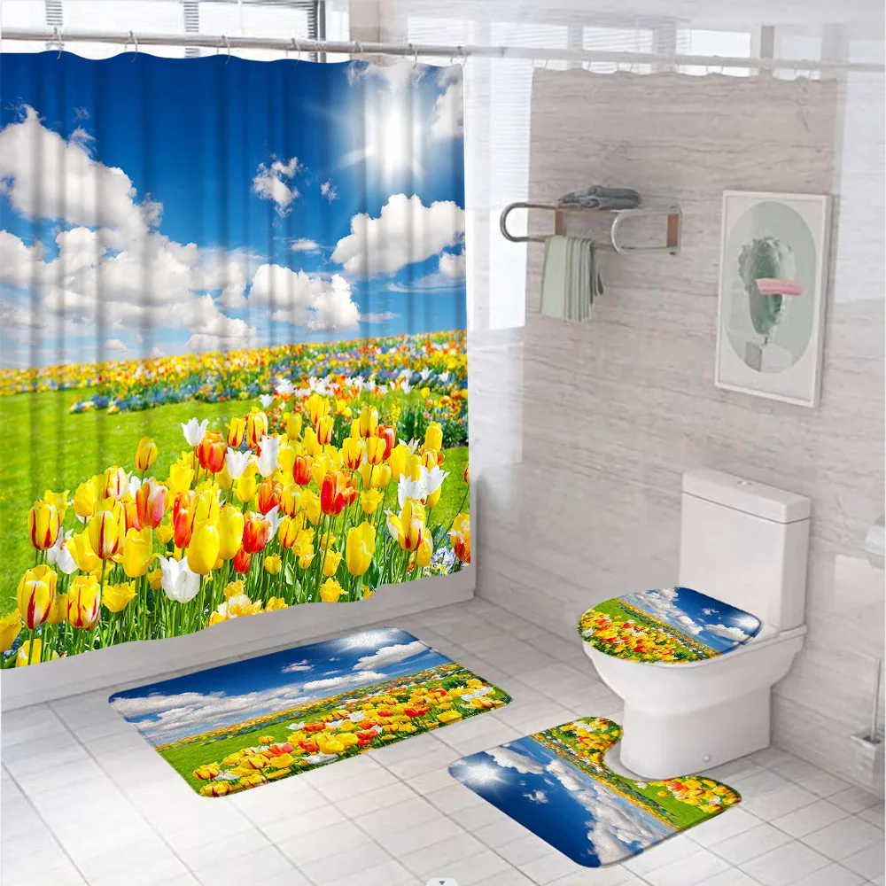 4Pc Shower Curtain Set Floral Watercolor Red Flower Purple Colorful Non-Slip Rugs Toilet Lid Cover Bath Mat Bathroom Decor Home