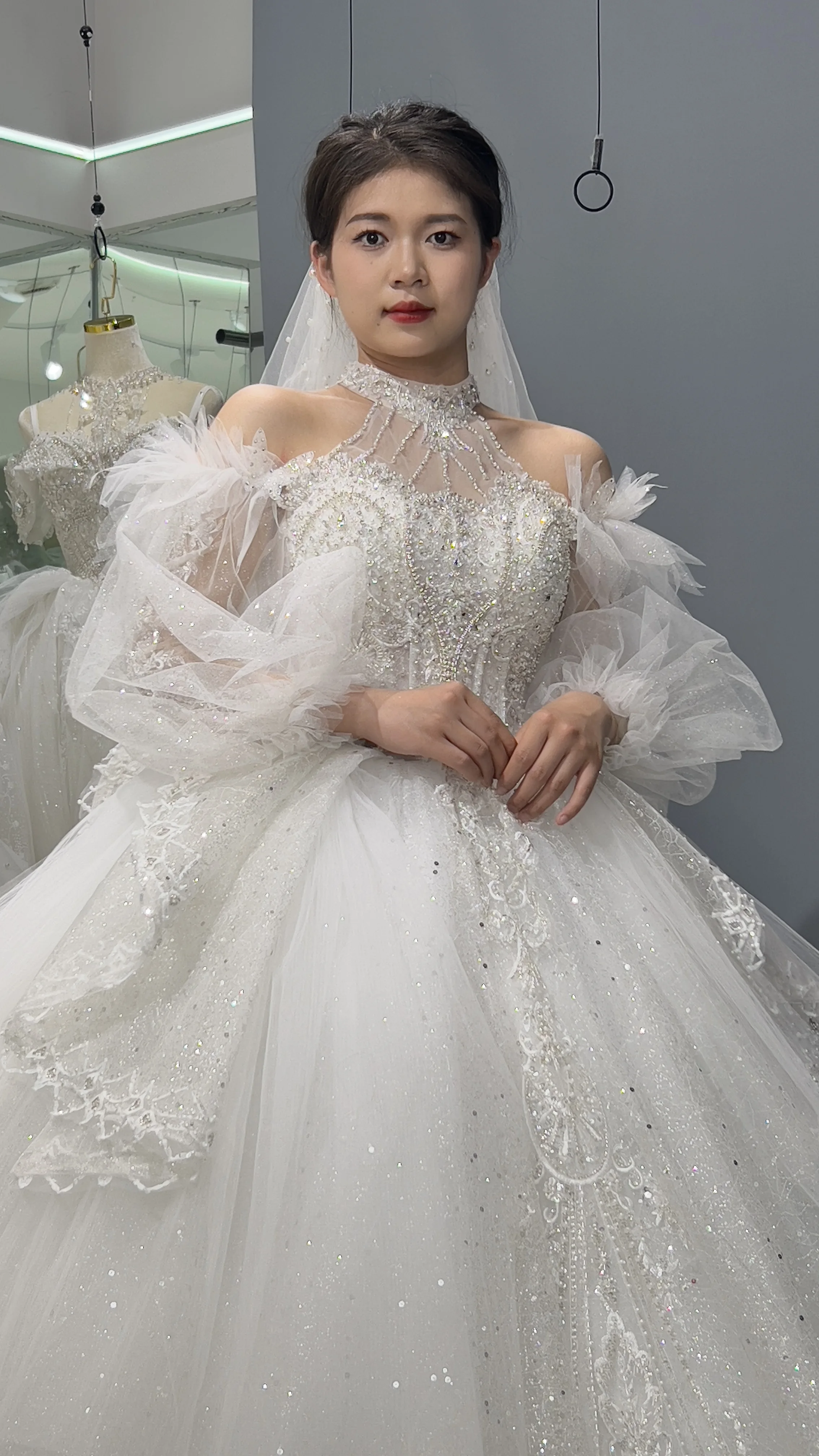 Kisswhite Xlove Collection customized off the shoulder pick up puffy sleeves with pearls bridal ball gown 2024 wedding dresses