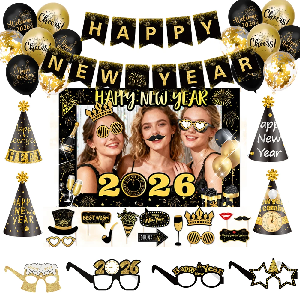 

2026 Black Gold Happy New Year Balloon Set Happy New Year Frame Photobooth Prop New Year's Eve Party Decoration Photo Props