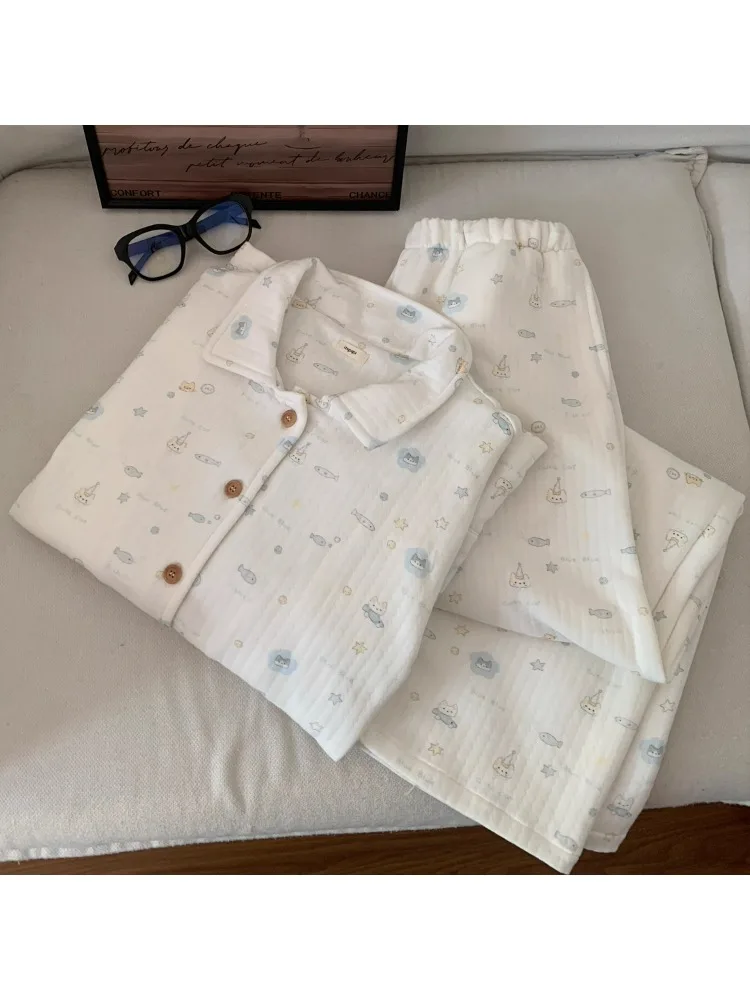 Thickened Air Cotton Long Sleeve Sleepwear Set for Women Cute Fish Bubble Clip Cotton Home Clothes Autumn Winter Warm Home Scene