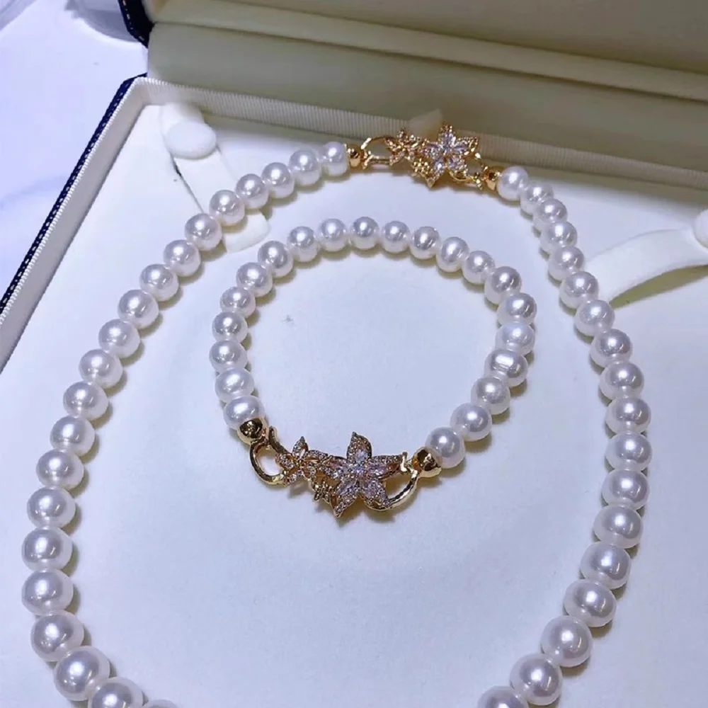 

Fashion Pearl Necklace AAA8-9mm 9-10mm Natural Japanese Round Pearl Necklace 18inch+Bracelet 7.5-8inch 925s Set