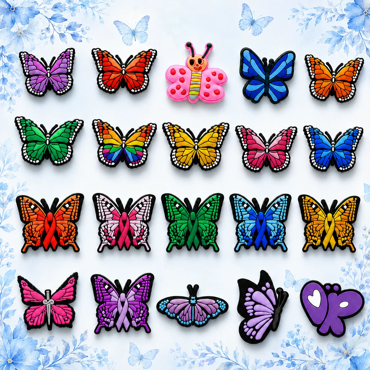1/20PCS Colorful Butterfly Shoe Charms for Girls, Purple Butterfly Charms for Shoes, Cute Accessories for Sandals and Clogs