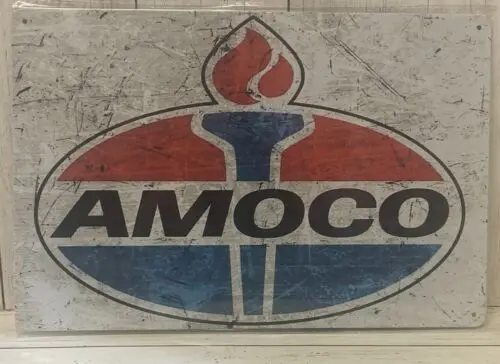 Amoco Logo Metall-Blechschild Rot Weiß Blau Rustikales Retro-Design Neues Aluminium-Blechschild