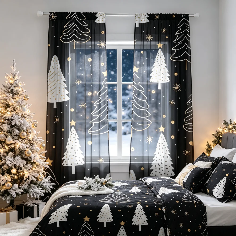 2 buah tirai Natal, motif poho - Curtain Rods ulasan dan harga