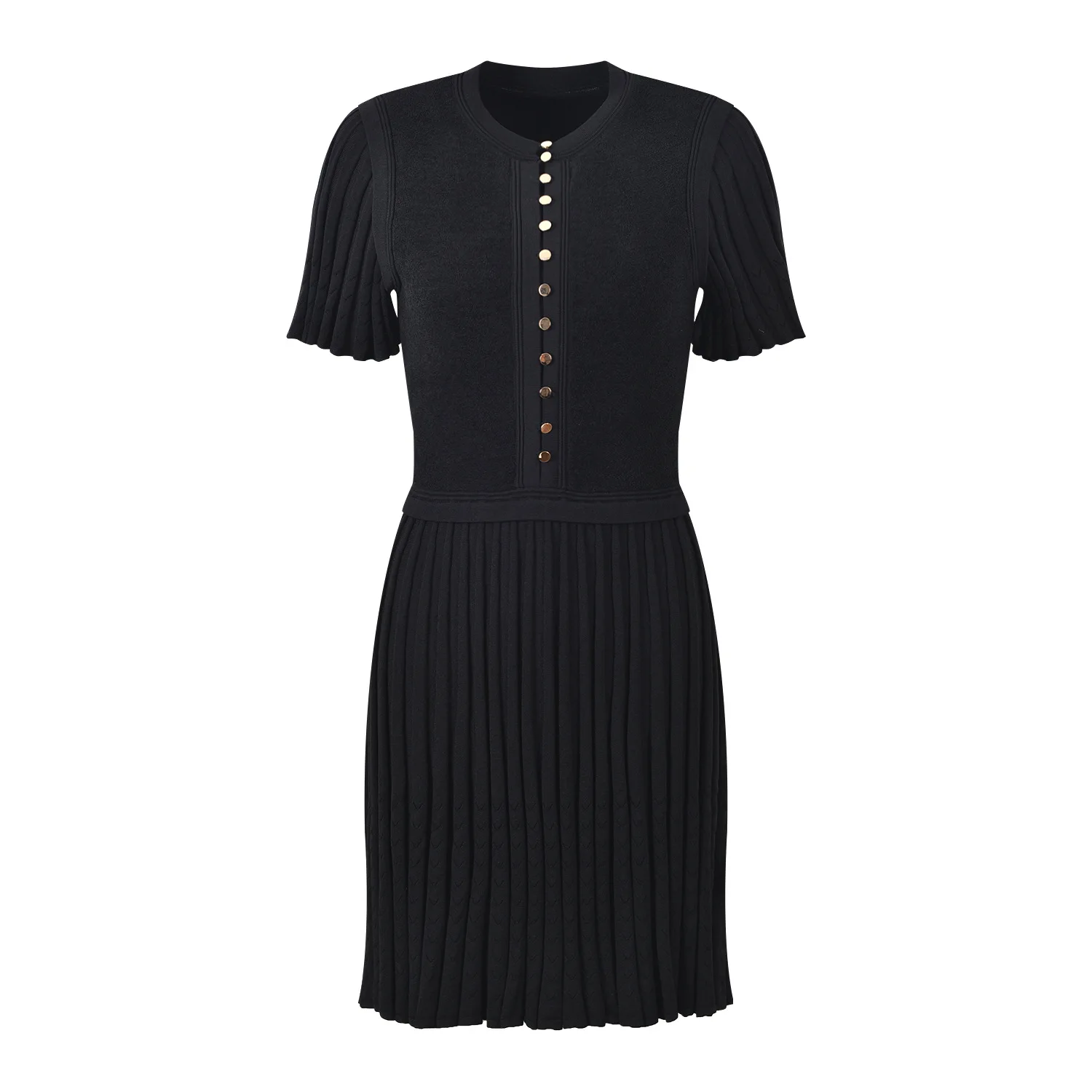 Black knit dress Autumn new pleated round neck elegant dress