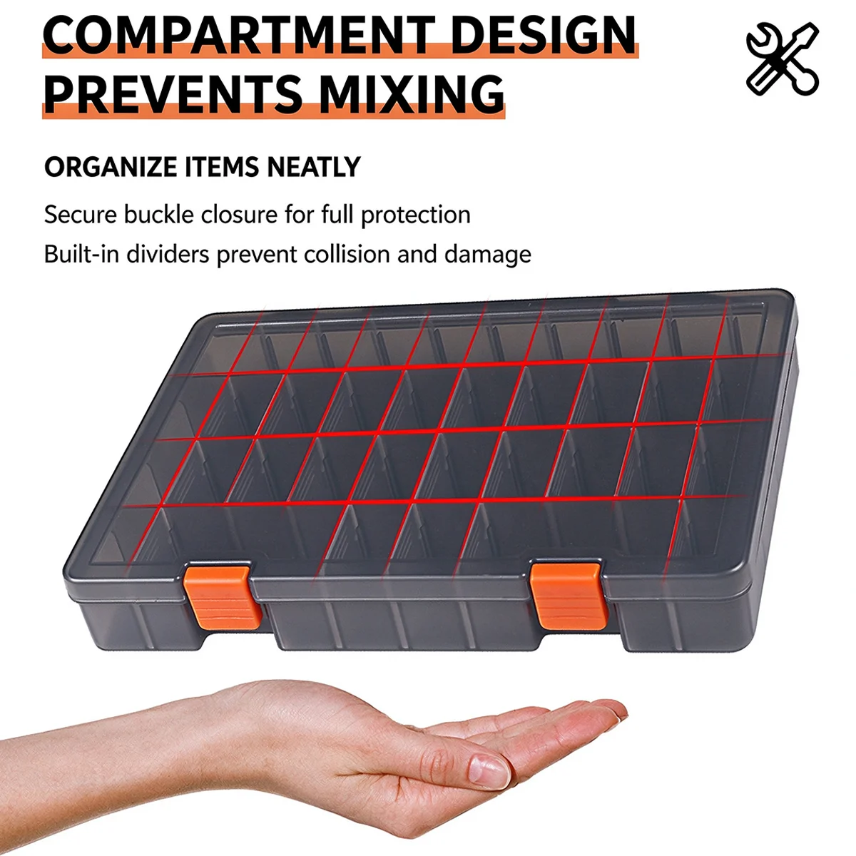 Multi-compartment parts organizer; plastic storage box for electronic components, small screws, hardware, and tools.