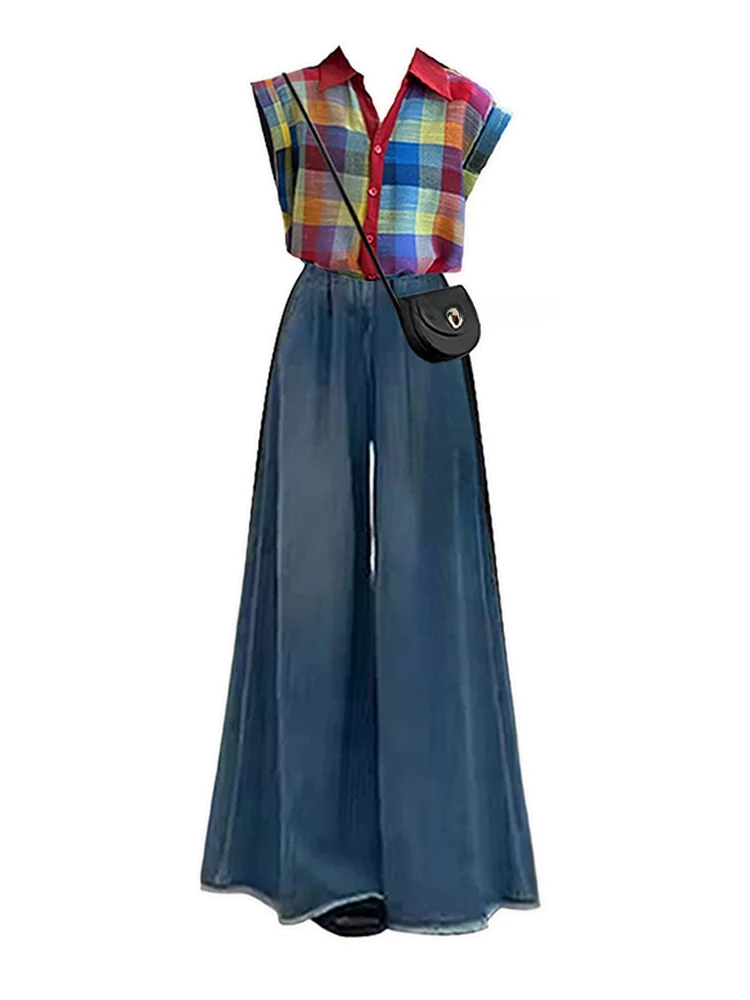 Summer Vintage Rainbow Plaid Shirt And High Waist Jeans Women's Fashion Set High Waist Slimming Effect Two-Piece Ensemble