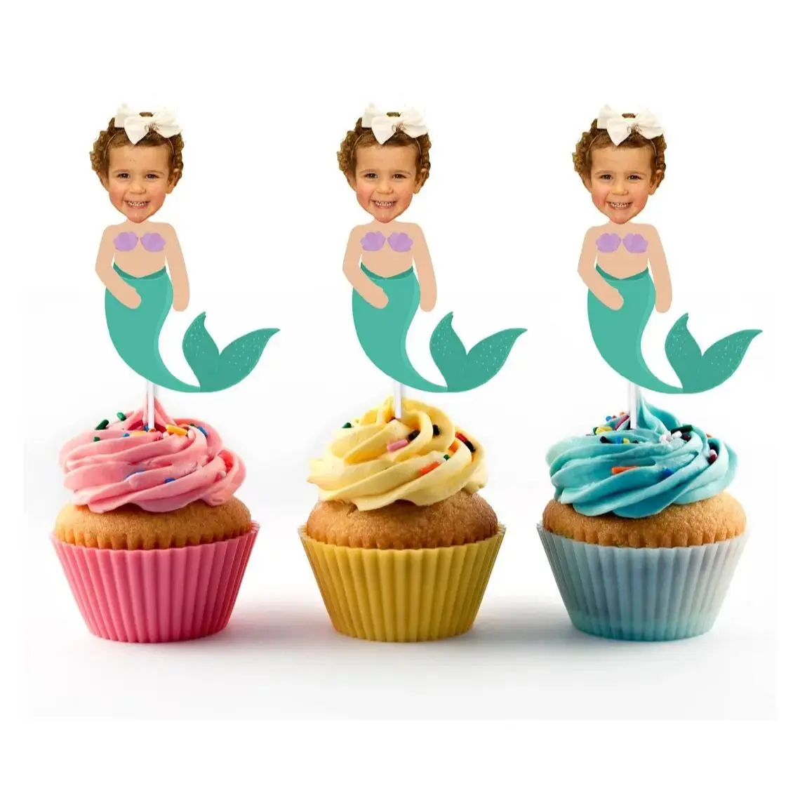 Mermaid Cupcake Toppers Custom with Face for Birthday Party Decorations (SET OF 12), Cake Topper, Under the Sea, Purple, Turquoi