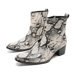 Handmade Fashion Mens High Heels Snake Skin Ankle Boots For Men Chelsea Genuine Leather High Top Mens Dress Shoes Bota Masculina