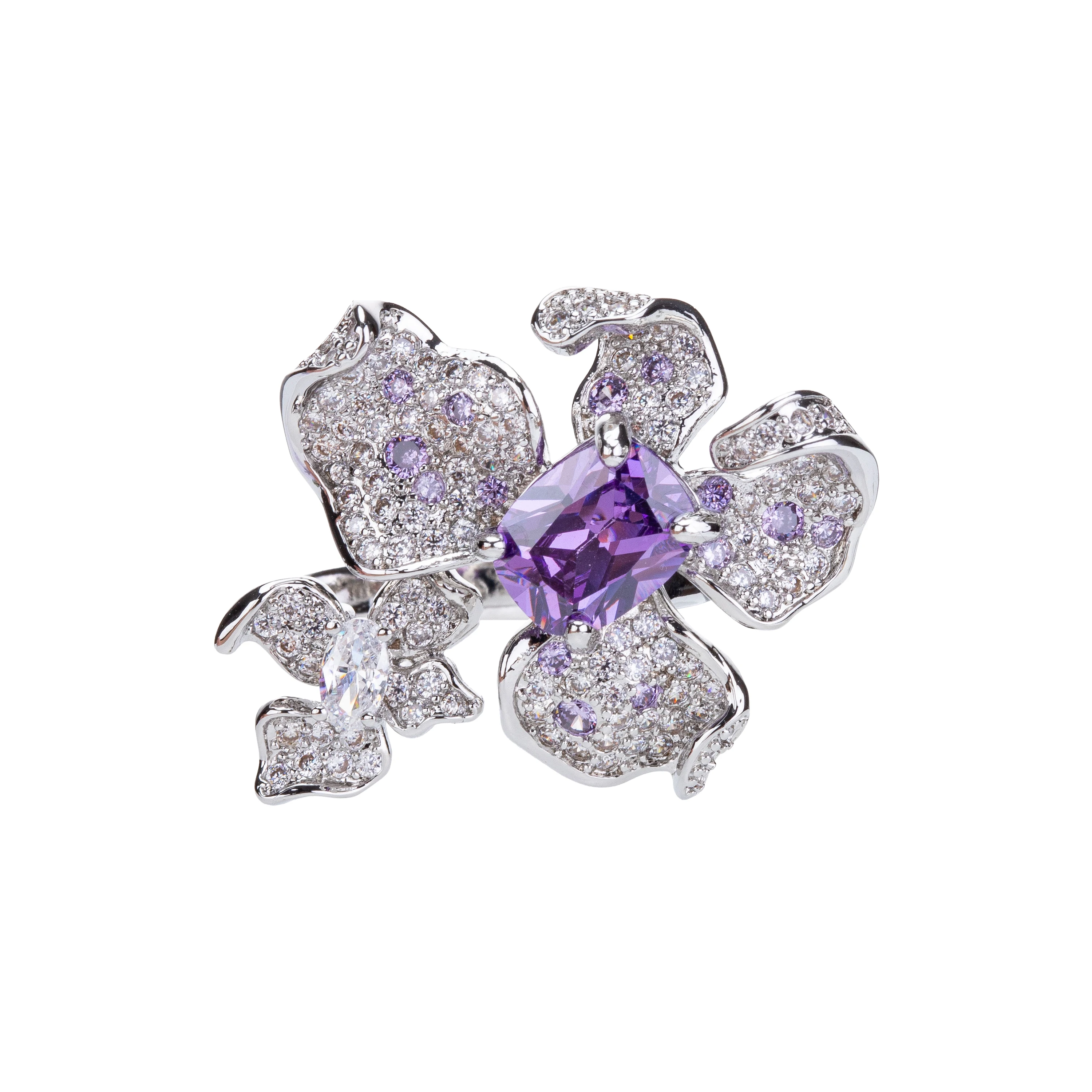 Fashion designer violet flower ring for women sparkling zircon high-end party banquet elegant temperament engagement jewelry