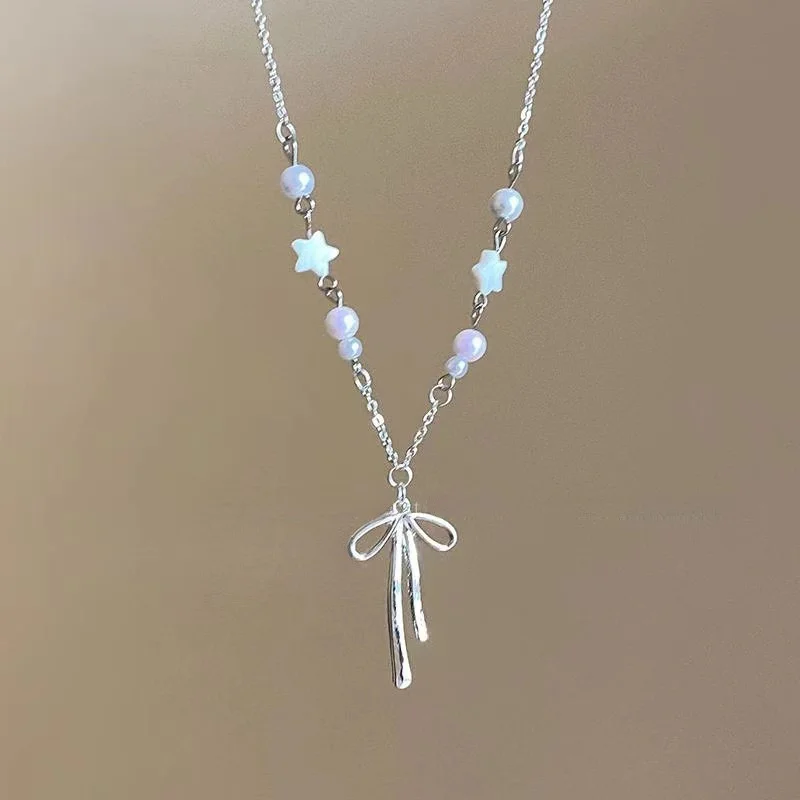 Trendy Perle Perlen Perle Band Bowknot Halskette für Frauen Einfache Stern Bogen Quaste Colliers Elegante Schlüsselbein Kette Partei Schmuck – Detail 4