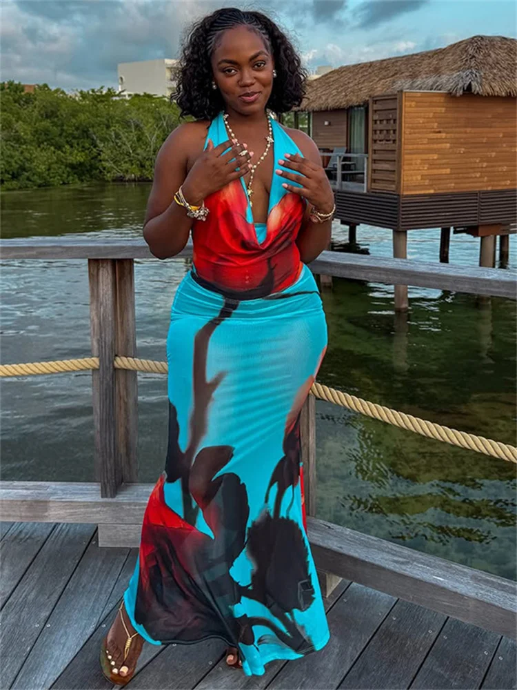 Długa sukienka damska z nadrukiem dziwnych kotów, letni trend, wiązana na szyi, rozkloszowany dekolt, odkryte plecy, bez rękawów, modna sukienka wakacyjna, obcisła sukienka typu \"vestidos\".