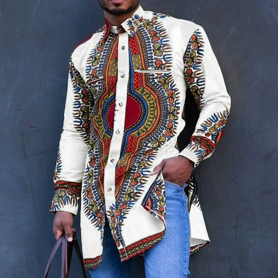 2025 Men's Clothing Stand Collar Golden Print Long Sleeve Shirt Trendy Hip Hop Africa Casual Clothes Ethnic Style Mid-Length Top