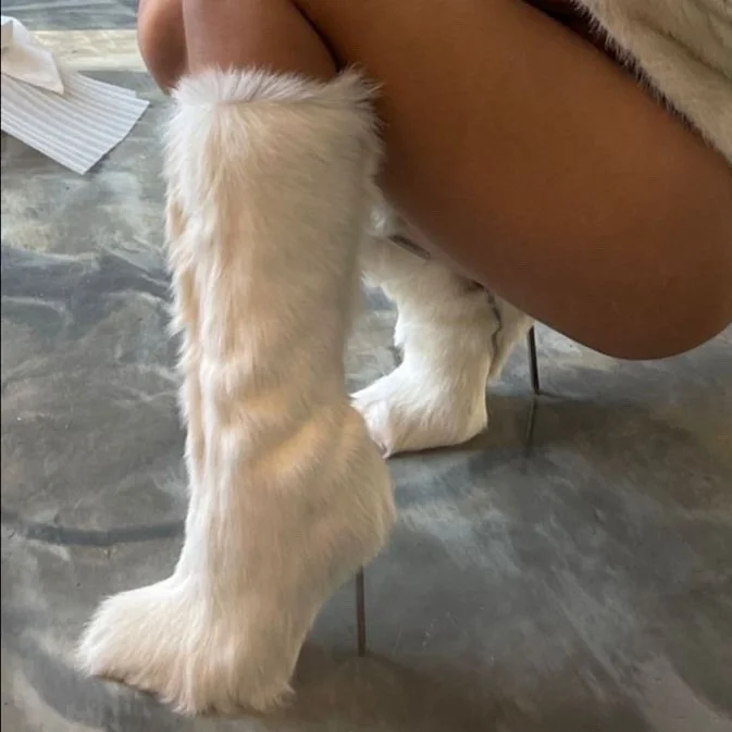 

White Furry High Heel Boot Women Winter Warm Faux Fur Pointed Toe Stiletto Heel Side Zipper Elegant Fashion Shoes for Ladies