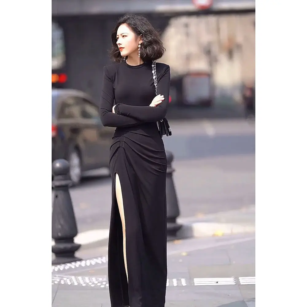 Ofallsis O neck Black Evening Dress 2024 Early Spring New Fashion Street Blast High Split Pleated Slim Fit Long Party Dresses