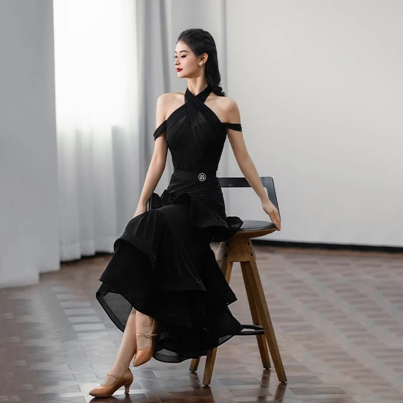 

Modern Dance Clothes For Women National Standard Dance Hanging Neck Sleeveless Top Large Swing Skirt Suit Ballroom Dress DN20313