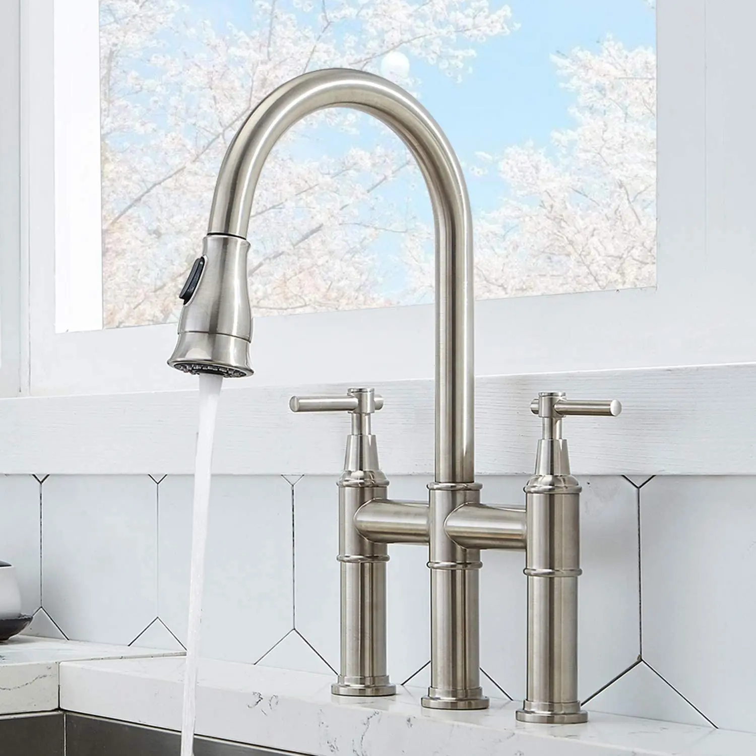 Brushed Nickel Bridge Kitchen Faucet,3 Hole Farmhouse Kitchen Faucet with Pull Down Sprayer Two Handle High Arc 360 Swivel