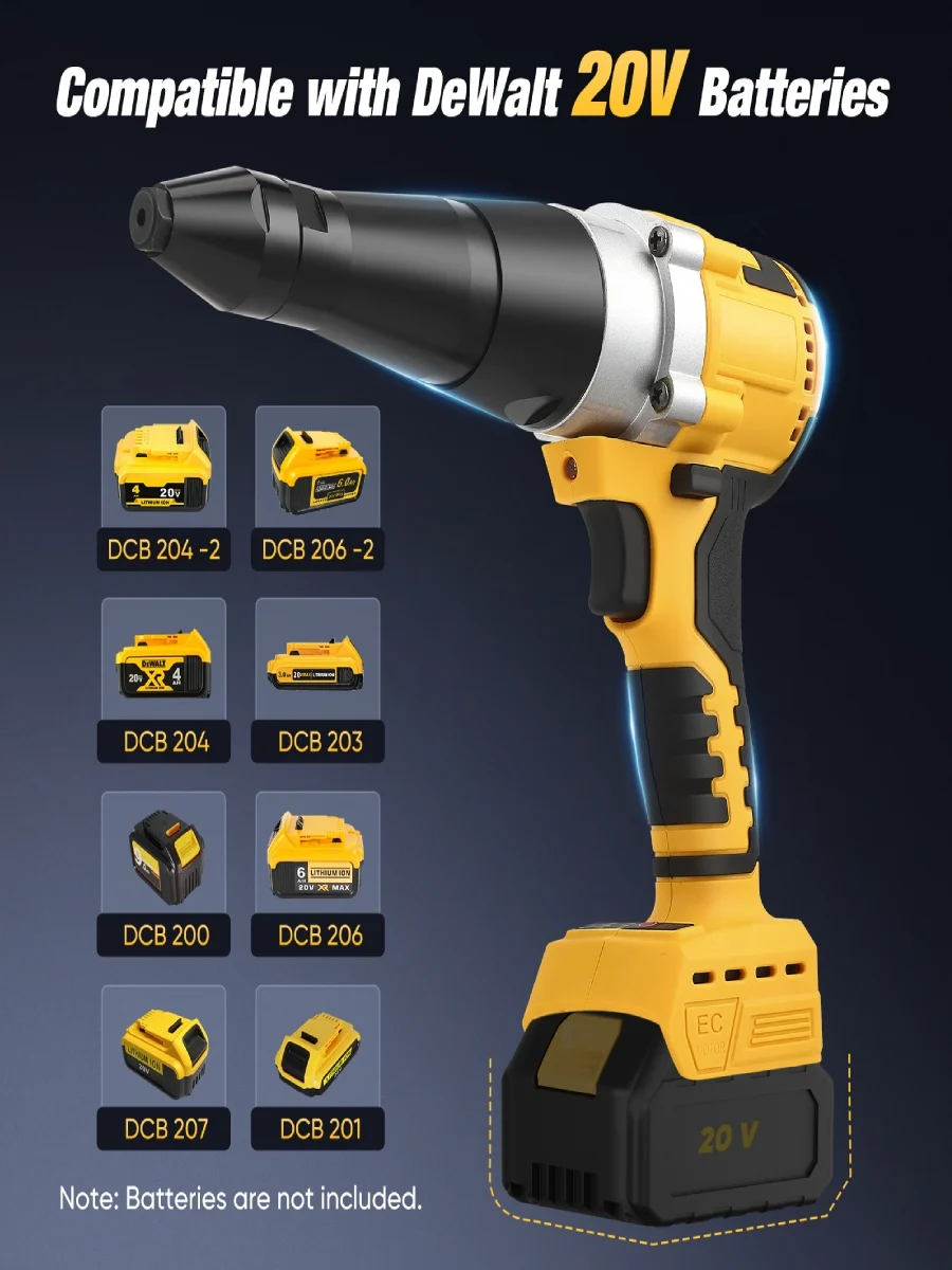Draadloos klinknagelpistool met Dewalt 18V, elektrische automatische klinkmoerpistolen met 40 klinknagels voor 1/8" en 5/32" borstelloos popklinknagelgereedschap - afbeelding 2