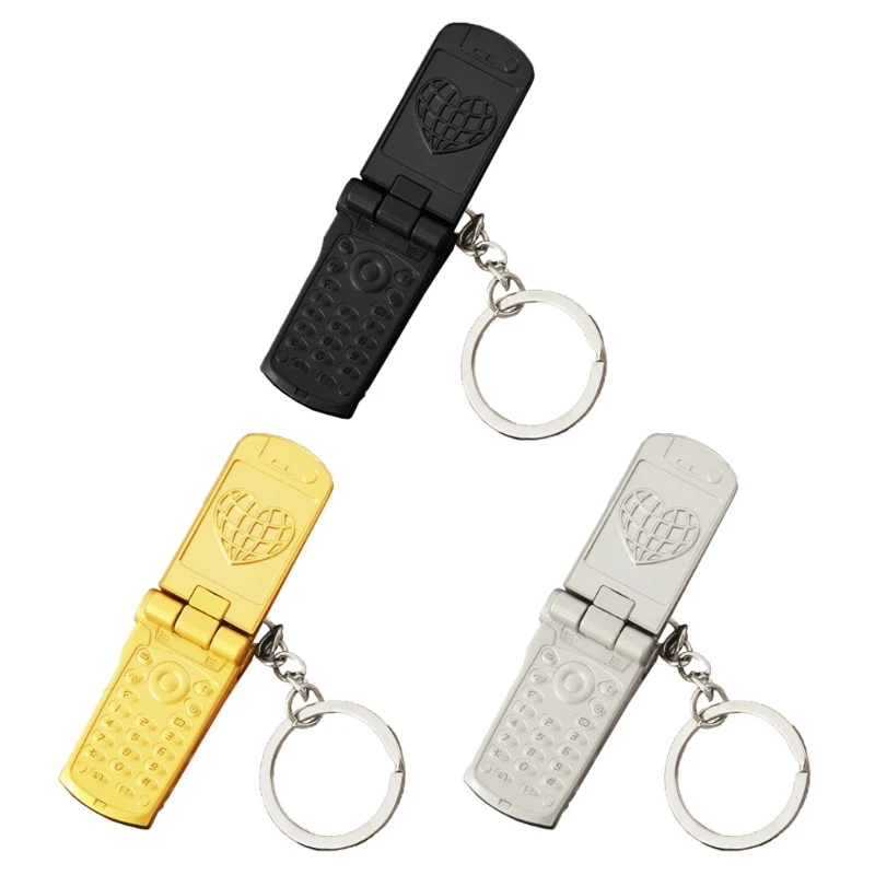 E0BF Mini Flip Phone Keychain Folding Cell Phone Shaped Charm Practical Key Holder