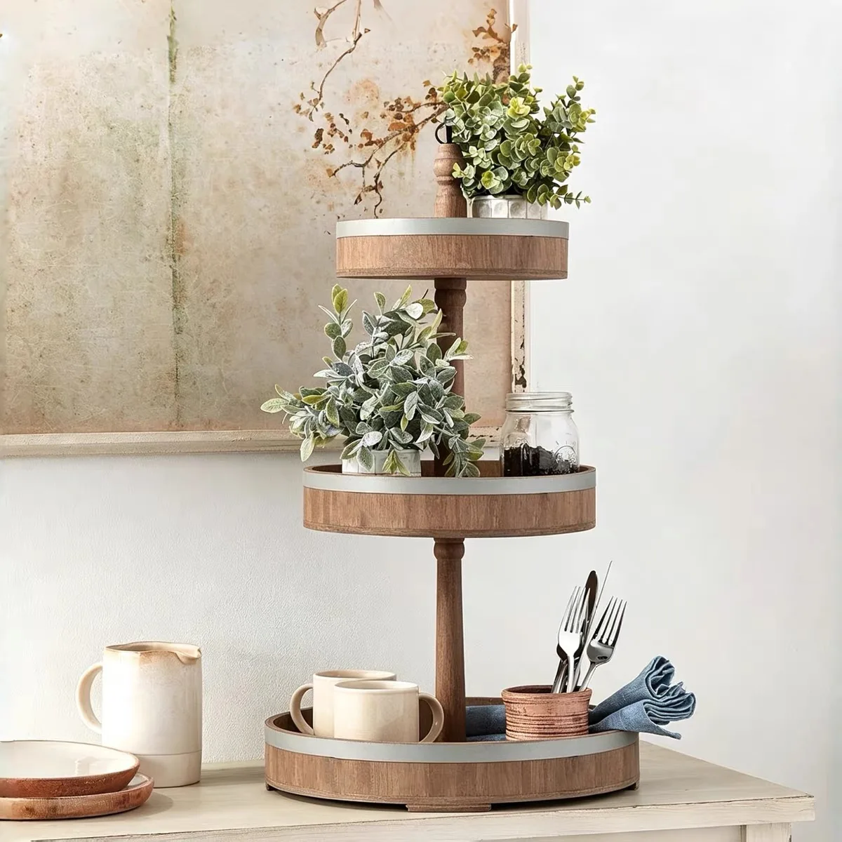 Large 3 Tier Rustic Wooden Tray Stand, Farmhouse Round Display Organizer for Kitchen Counter, Party, Villa, Hotel and Home Decor