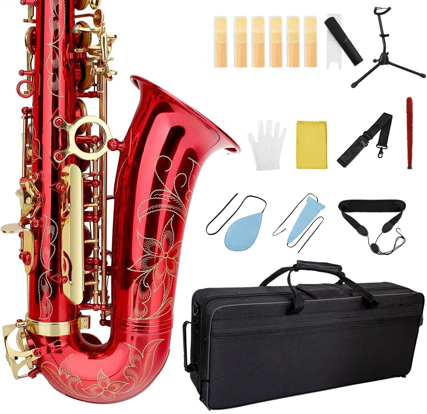 

Red Eb Alto Saxophone for Beginners Adults Brass E Flat Key Type Saxophone Woodwind Instrument with Case Strap Glove Parts