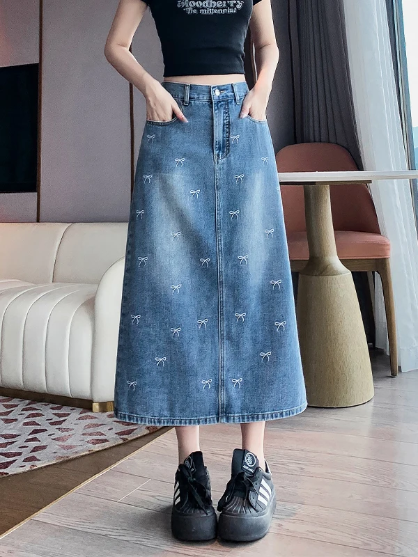 High Waist Straight Cut Denim Skirt with Embroidered  Knot plus Size Women's Fashion Slimming Versatile Half-length ...