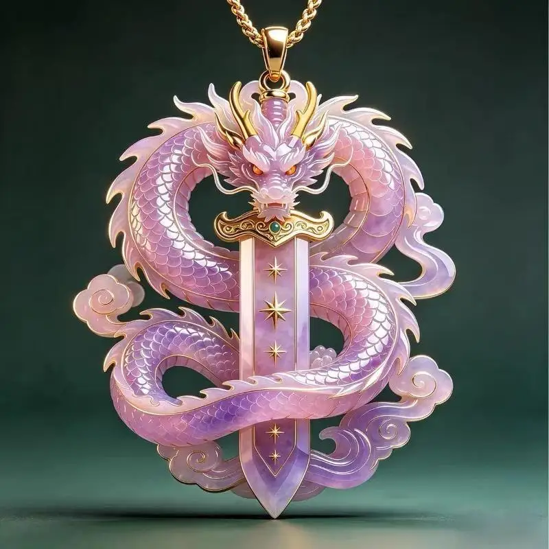 S Purple Jade Dragon  Pendant With Gold Accents Exquisite Carving For Daily Wear Gifting Dragon Culture Collection