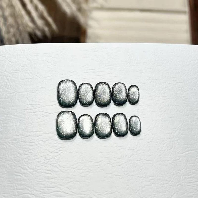 10PCS Pure Color Short Square Round Handmade Press on Nails Glitter Simple Green Cat Eye False Nails Wearable Sweet Nail Patches