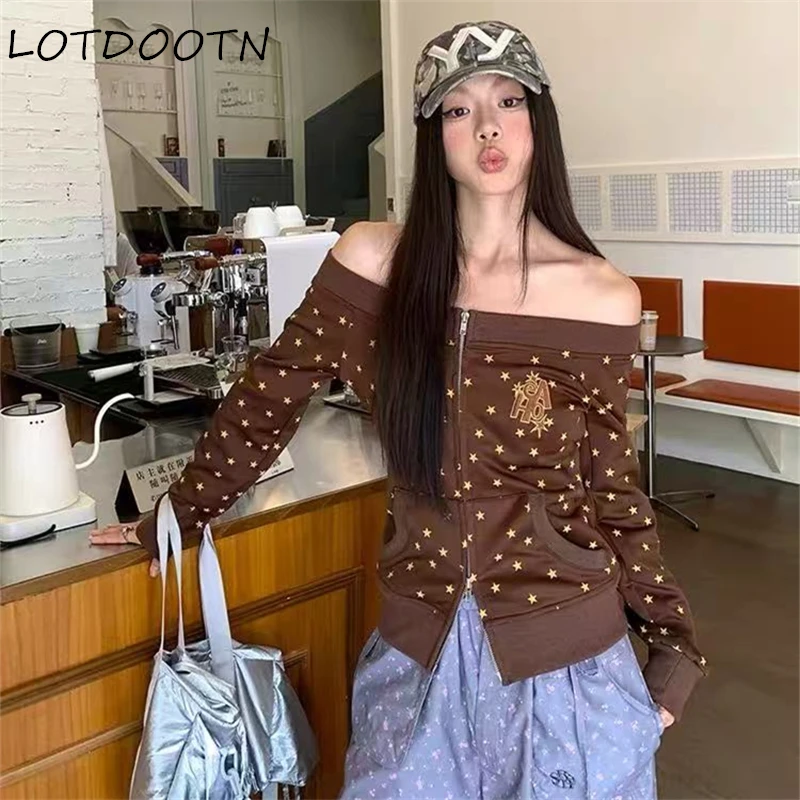 

LOTDOOTN Американские толстовки с принтом звезд в стиле ретро, женские толстовки с разрезом на шее, шикарная молния, осенняя мода, повседневные толстовки с открытыми плечами