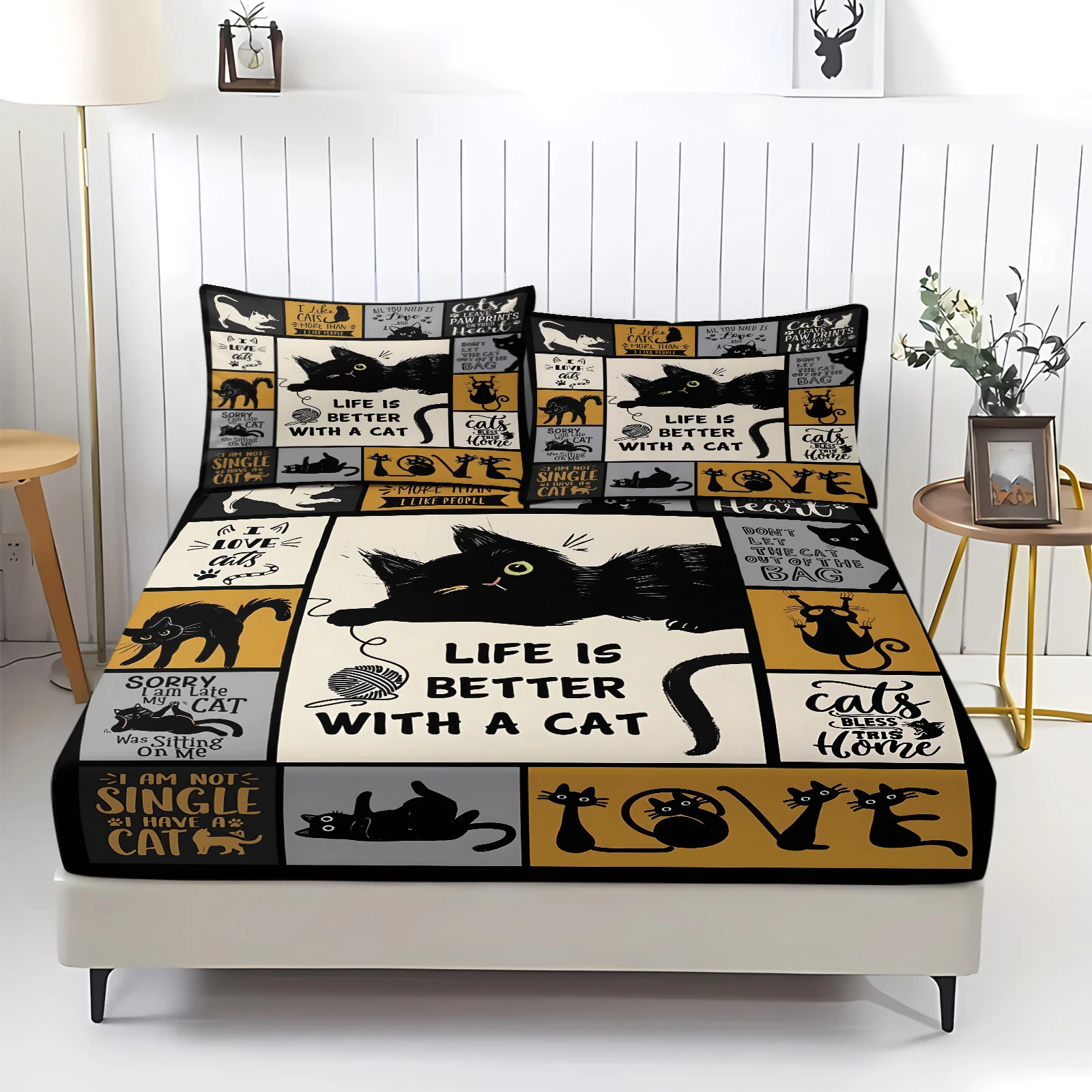 Black Cat Printed Fitted Sheet Set with Pillow Shams Cute Cat‑Quote Elastic Mattress Cover Soft Breathable Pet‑Cat Lover Bedding