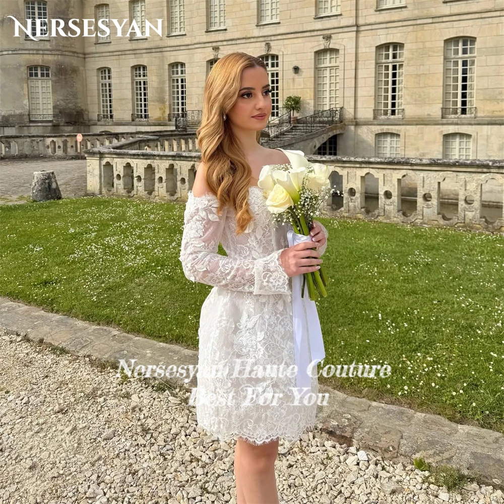 Nersesyan Boho 레이스 미니 웨딩 드레스 오프 숄더 Applqiues 긴 소매 신부 드레스 신부 게스트 파티 가운 맞춤형