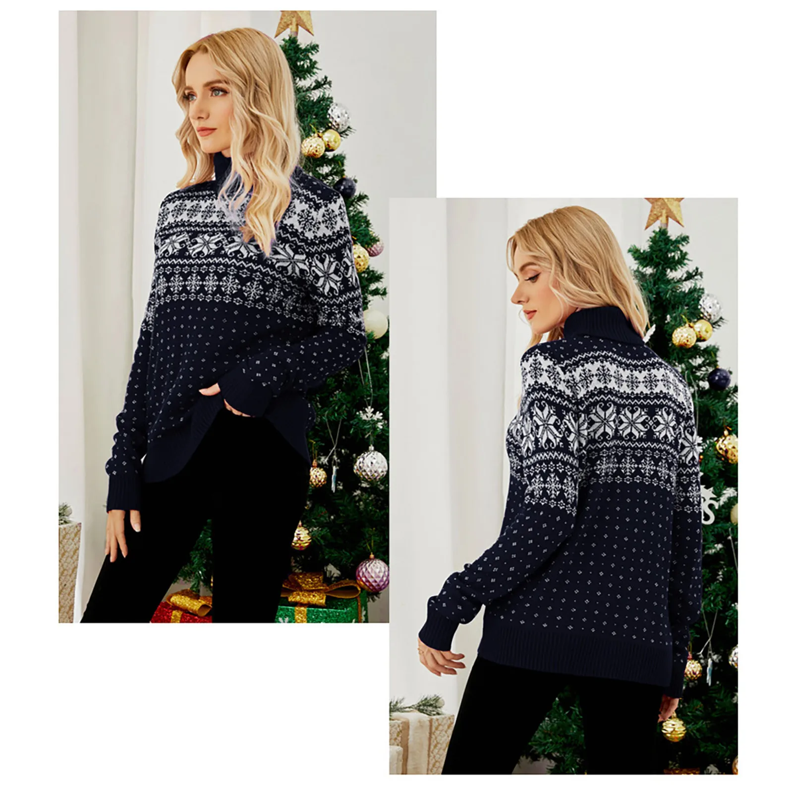 Women Autumn Winter Vintage Turtleneck Snowflake Christmas Knitted Sweater Female Casual Long Sleeve Thick Pullover Tops Jumpers