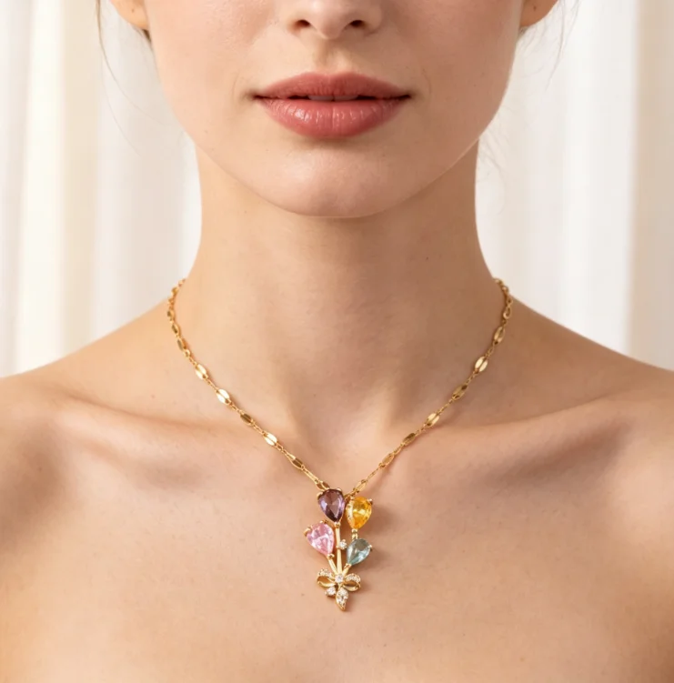 Gold Oval Link Chain Necklace with Colorful Teardrop Crystal Balloon Bouquet Pendant, Inlaid Amethyst, Citrine, Pink Quartz & Aquamarine, Mini Diamond Bow Detail, Sweet Romantic Collarbone Jewelry for Women Party Daily Wear