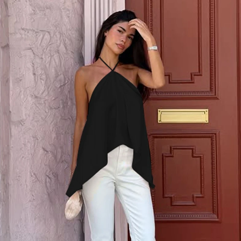 Hugcitar Modisches Neckholder-Top mit Schnürung, Rückenfreies, Unregelmäßiges, Einfarbiges, Sexy Crop-Top für Damen, Niedliche Kleidung für Strand, Urlaub und Party – Detail 23
