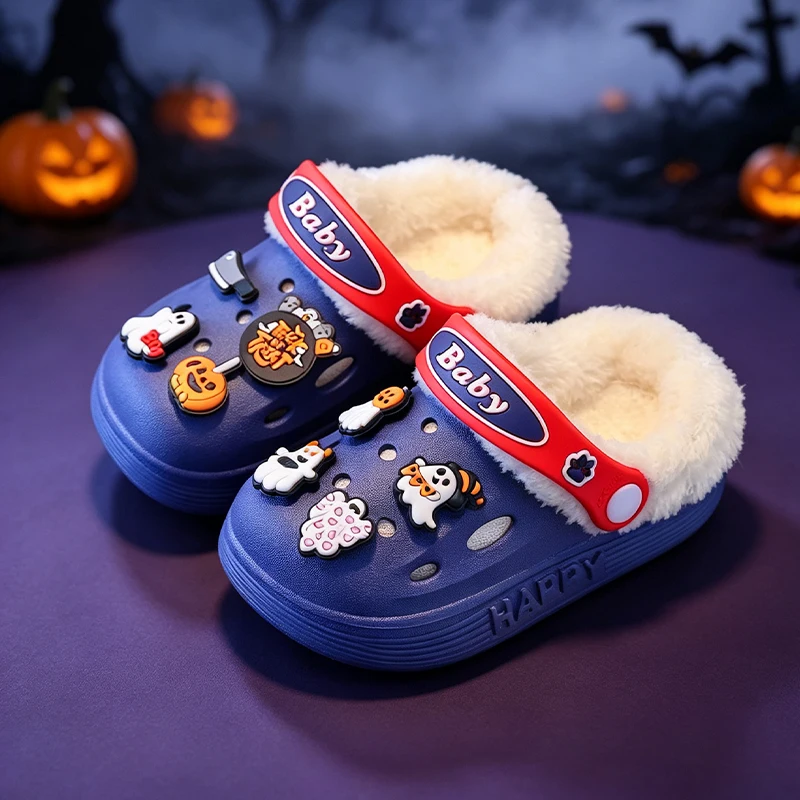 Niedliche Halloween-Geister-Kürbis-Dekoration, gefütterte Clogs für Kleinkinder, warme, rutschfeste Hausschuhe für Jungen und Mädchen. – Detail 8