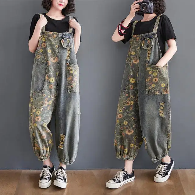 Women'S Retro Vintage Strap Jumpsuits Korean Embroidery Ripped Jeans With Belt And Cuff Baggy Pants Sweatpants For Women 2025